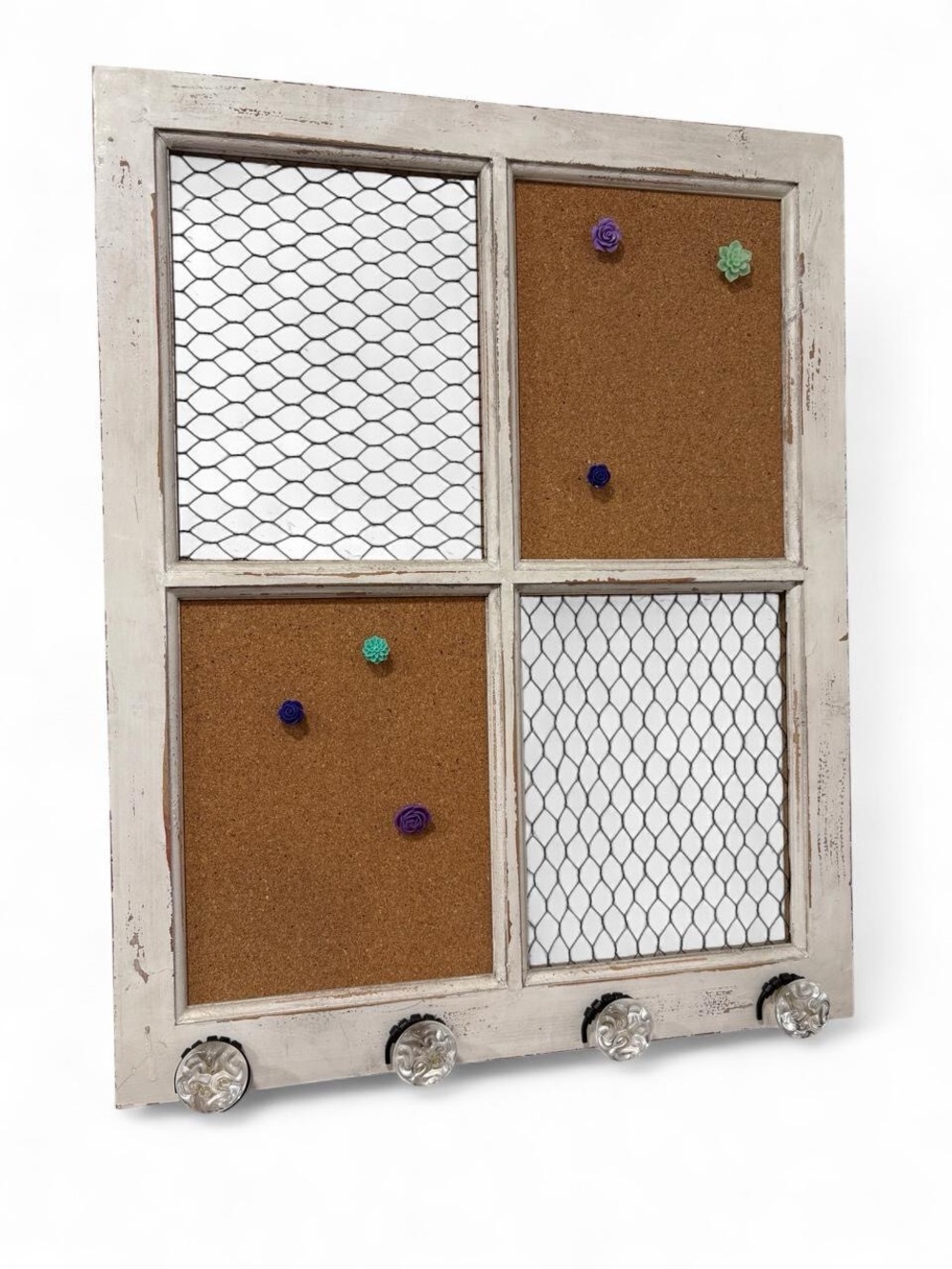 Rustic Multi-Section Cork & Wire Memo Board with Hooks - White